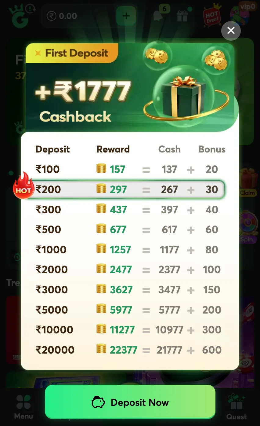 Jeet Spin first deposit cashback table up to 1777 rupees