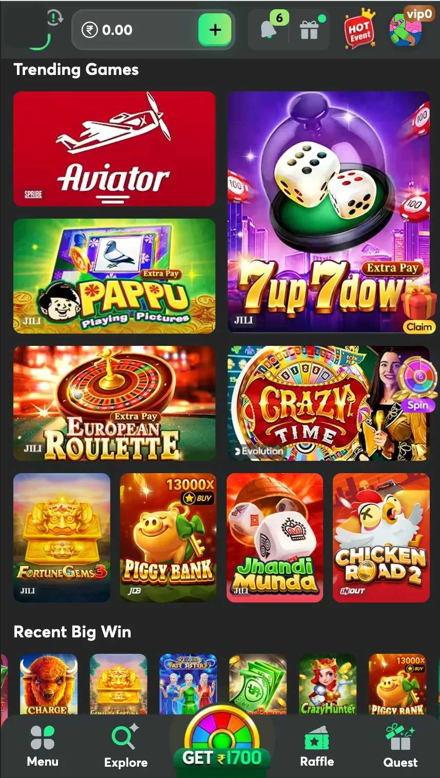 Jeet Spin Game lobby after login: Trending Games with Aviator and 7 Up 7 Down